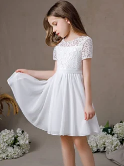 Robe fille de fleur robe cortège enfant robe cérémonie fille col rond manche courte au genou