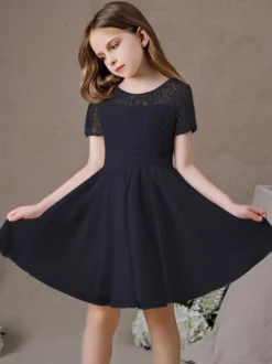 Robe fille de fleur robe cortège enfant robe cérémonie fille col rond manche courte au genou