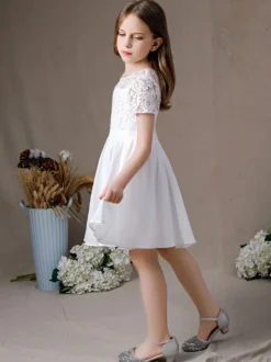 Robe fille de fleur robe cortège enfant robe cérémonie fille col rond manche courte au genou