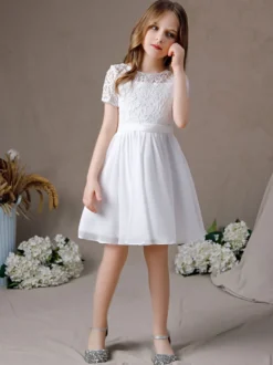 Robe fille de fleur robe cortège enfant robe cérémonie fille col rond manche courte au genou
