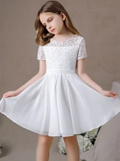 Robe fille de fleur robe cortège enfant robe cérémonie fille col rond manche courte au genou