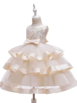 Robe fille de fleur robe cortège enfant col rond décoré de noeud