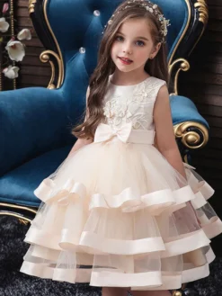 Robe fille de fleur robe cortège enfant col rond décoré de noeud