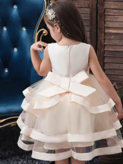 Robe fille de fleur robe cortège enfant col rond décoré de noeud