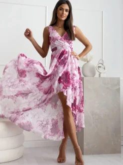 Robe À Fleurs Fleurie Sans Manches Noué Col En V Chic Bas Irrégulière