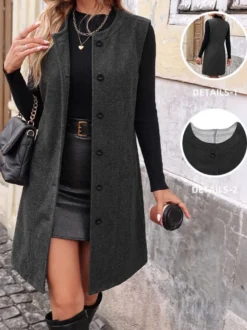 Robe-gilet midi sans manches en laine mélangée gris foncé col rond boutons sur le devant style décontracté