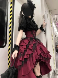 Robe-jupe Gothic Lolita corset à taille haute jupe Lolita à volants rouges