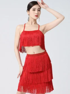 Robe latine blanche pour fille en polyester à franges dans le dos et bretelles croisées costume de danseuse latine