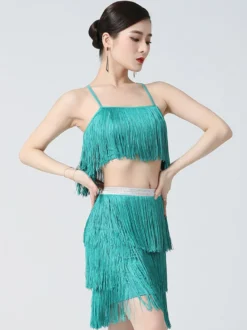 Robe latine blanche pour fille en polyester à franges dans le dos et bretelles croisées costume de danseuse latine