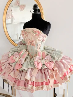 Robe Lolita douce avec nœud en ruban style ballet oreilles de lapin robe gâteau robe courte à volants rose-vert