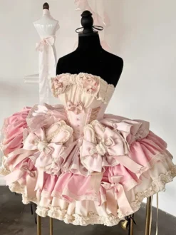 Robe Lolita douce avec nœud en ruban style ballet oreilles de lapin robe gâteau robe courte à volants rose-vert