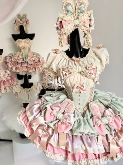 Robe Lolita douce avec nœud en ruban style ballet oreilles de lapin robe gâteau robe courte à volants rose-vert