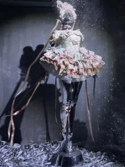 Robe Lolita douce avec nœud en ruban style ballet oreilles de lapin robe gâteau robe courte à volants rose-vert
