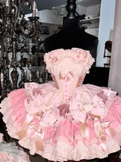 Robe Lolita douce avec nœud en ruban style ballet oreilles de lapin robe gâteau robe courte à volants rose-vert