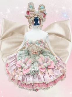 Robe Lolita douce avec nœud en ruban style ballet oreilles de lapin robe gâteau robe courte à volants rose-vert