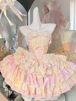 Robe Lolita douce avec nœud en ruban style ballet oreilles de lapin robe gâteau robe courte à volants rose-vert