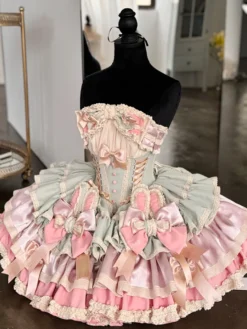 Robe Lolita douce avec nœud en ruban style ballet oreilles de lapin robe gâteau robe courte à volants rose-vert