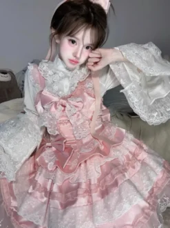 Robe Lolita douce en polyester sans manches volants multicouches nœud papillon tenue de soirée Hime Lolita JSK