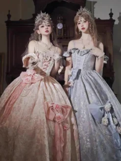 Robe Lolita féerique à spaghetti fleurs violet classique volants épaules dénudées