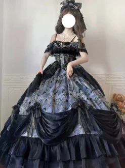 Robe Lolita Fée Violette à épaules dénudées et volants spaghetti style Sweet Lolita Tea Party