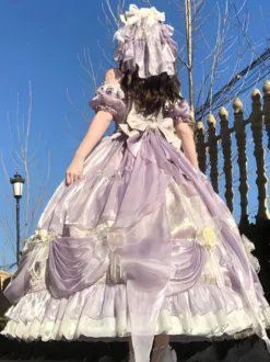 Robe Lolita Fée Violette à épaules dénudées et volants spaghetti style Sweet Lolita Tea Party