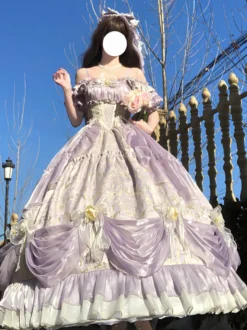 Robe Lolita Fée Violette à épaules dénudées et volants spaghetti style Sweet Lolita Tea Party