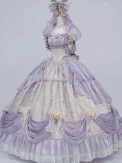 Robe Lolita Fée Violette à épaules dénudées et volants spaghetti style Sweet Lolita Tea Party