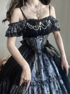 Robe Lolita Fée Violette à épaules dénudées et volants spaghetti style Sweet Lolita Tea Party