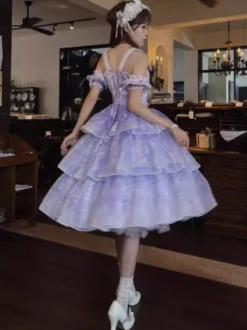 Robe Lolita fée violette à volants multiples et nœuds en dentelle sans manches