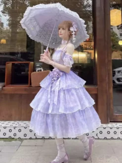 Robe Lolita fée violette à volants multiples et nœuds en dentelle sans manches