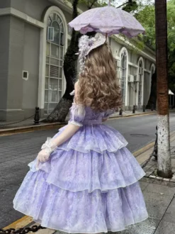 Robe Lolita fée violette à volants multiples et nœuds en dentelle sans manches