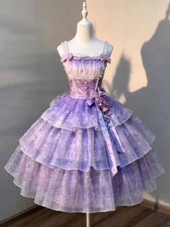 Robe Lolita fée violette à volants multiples et nœuds en dentelle sans manches