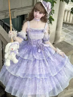 Robe Lolita fée violette à volants multiples et nœuds en dentelle sans manches