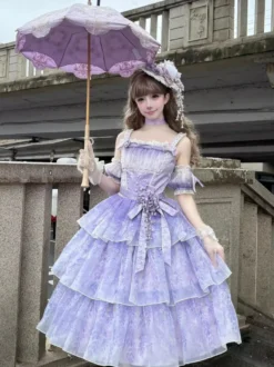 Robe Lolita fée violette à volants multiples et nœuds en dentelle sans manches