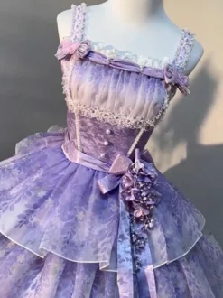 Robe Lolita fée violette à volants multiples et nœuds en dentelle sans manches
