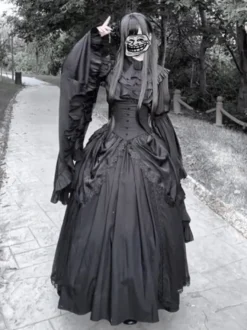 Robe Lolita gothique noire à manches longues style vintage chic
