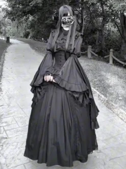 Robe Lolita gothique noire à manches longues style vintage chic