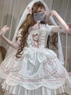 Robe Lolita OP Mignonne robe de mariée manches amovibles volants en Polyester nœuds en dentelle robe une pièce blanche Lolita