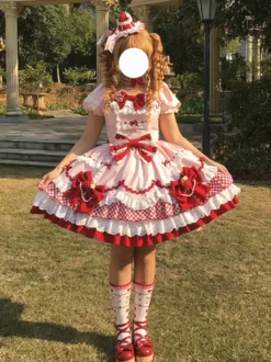 Robe Lolita rose à manches courtes nœud en dentelle polyester mode kawaii