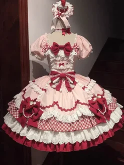 Robe Lolita rose à manches courtes nœud en dentelle polyester mode kawaii