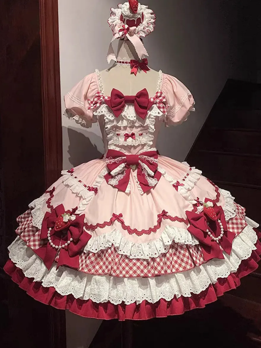 Robe Lolita rose à manches courtes nœud en dentelle polyester mode kawaii