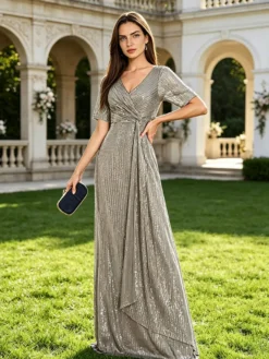 Robe longue de bal à col en V manches courtes fermeture éclair sequins robe de soirée formelle