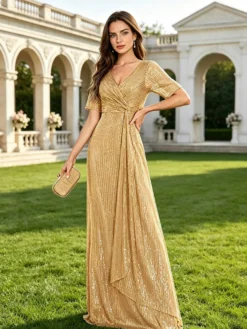 Robe longue de bal à col en V manches courtes fermeture éclair sequins robe de soirée formelle