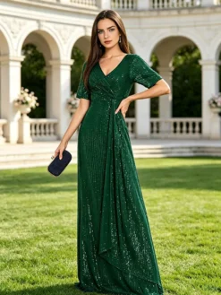 Robe longue de bal à col en V manches courtes fermeture éclair sequins robe de soirée formelle