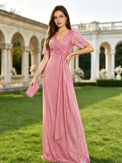 Robe longue de bal à col en V manches courtes fermeture éclair sequins robe de soirée formelle