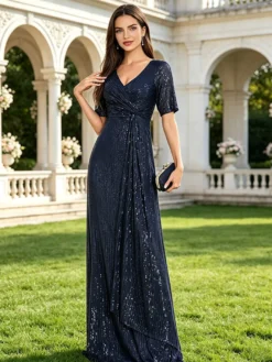 Robe longue de bal à col en V manches courtes fermeture éclair sequins robe de soirée formelle
