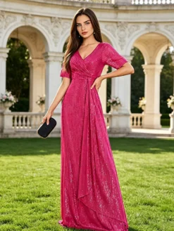 Robe longue de bal à col en V manches courtes fermeture éclair sequins robe de soirée formelle