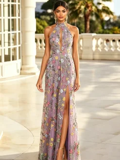 Robe longue de soirée à fleurs brodées en tulle robe maxi dos nu à décolleté en V et fente haute robe d'invitée de mariage