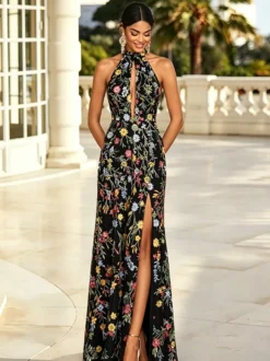 Robe longue de soirée à fleurs brodées en tulle robe maxi dos nu à décolleté en V et fente haute robe d'invitée de mariage