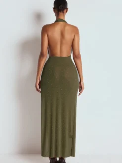 Robe longue dos nu à col V plongeant et décolleté plongeant pour femme - Robe transparente vert olive à paillettes et fente haute - Idéale pour une soirée d'été en boîte de nuit (2026)